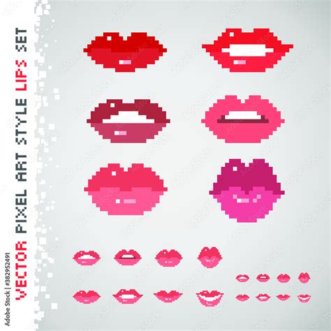 Lips Pixel Art Style Icons Set Isolated Pixel Art Vector Illustration