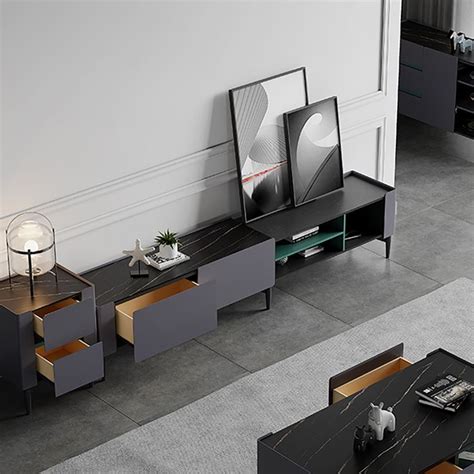 Italian Minimalist TV Stand Retracted Extendable Stone Top Media