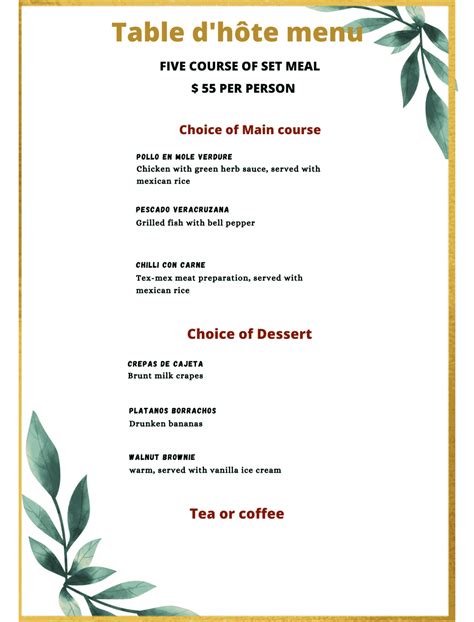 Table d’Hote Menu - Meaning and Examples - Menubly