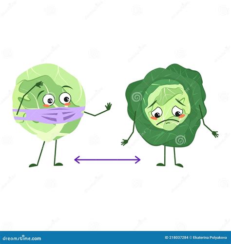 Cute Cabbage Characters With Emotions Face And Mask Keep Distance Arms And Legs The Funny Or