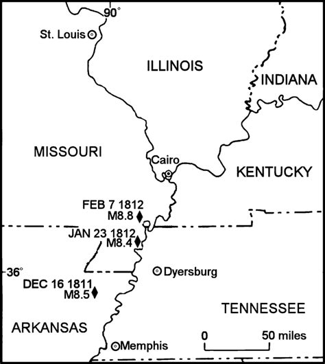 Locations Of Three Major Shocks Of The 1811 1812 New Madrid Earthquakes