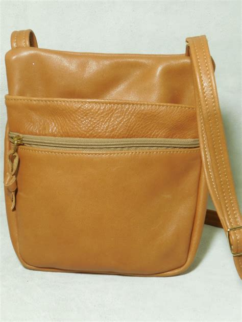 Camel Colored Leather Shoulder Bag Cross Body Bag With Embossed Leather Accent Front Pocket Etsy