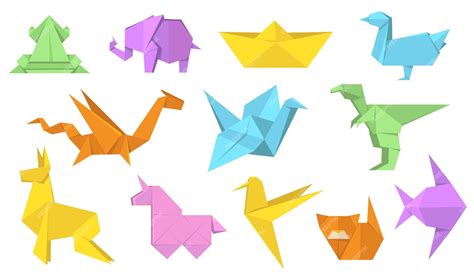 Flacher Illustrationssatz Der Japanischen Origami Tiere Cartoon Polygon Papier Pferd Hase