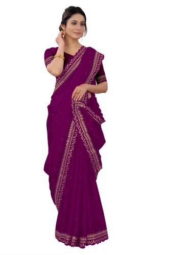 Wedding Wear Embroidery Embroidered Violet Lycra Saree 1 Meter 6 3 M