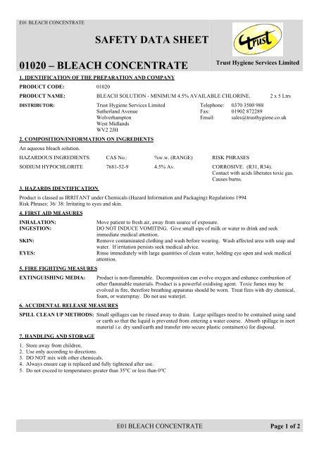 Pdf Safety Data Sheet 01148 Domestos Bleach Trust Hygiene 42 Off