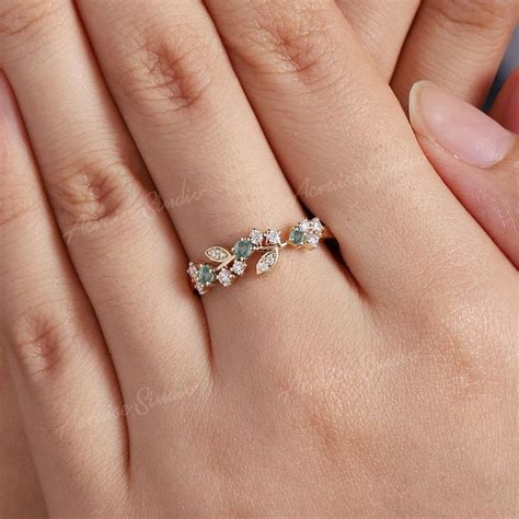 Leaf Moss Agate Engagement Ring Women Dainty Leaf Ring Gold Vines