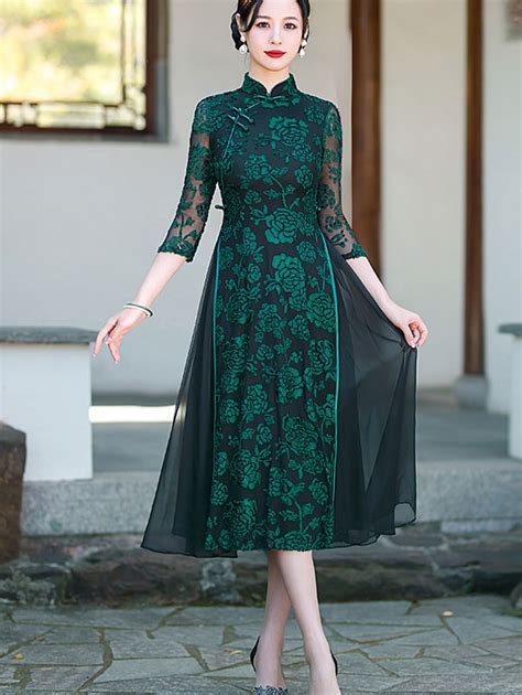 Green Mothers Floral A Line Cheongsam Qipao Dress CozyLadyWear