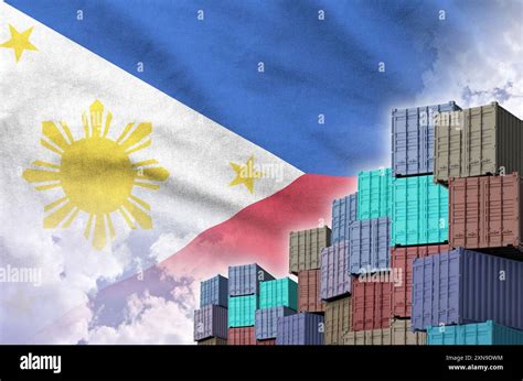 Philippines Flag And Big Stack Of Shipping Cargo Containers In Docks