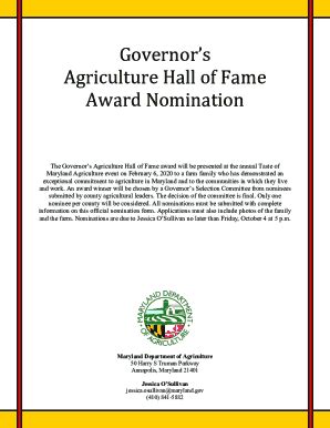 Fillable Online Mda Maryland Governors Agriculture Hall Of Fame Award