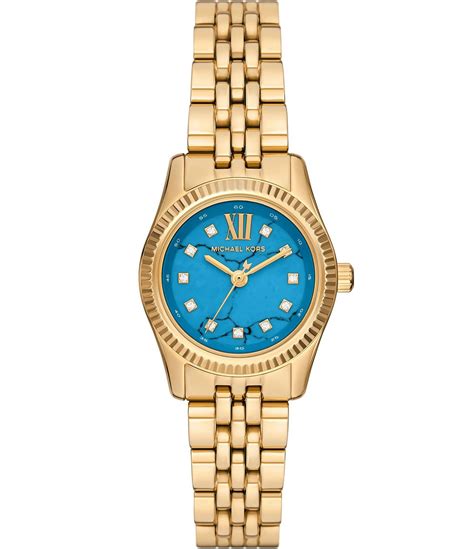 Michael Kors Women S Blue Dial Lexington Three Hand Gold Tone Stainless