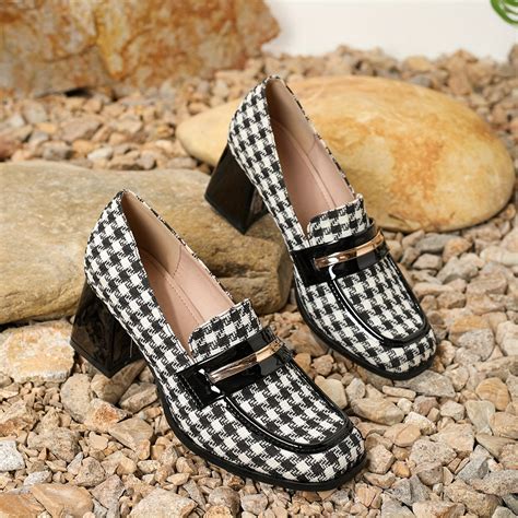 Womens Houndstooth Pattern Chunky Heels Elegant Square Toe Temu
