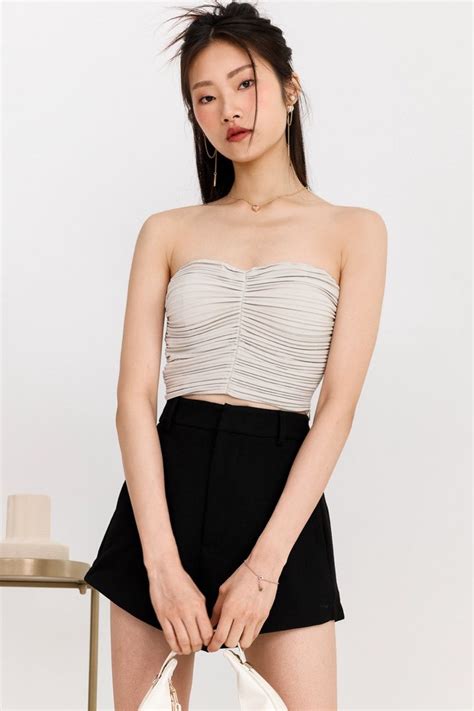 Poline Pleated Padded Top In Nude Grey Women S Fashion Tops Sleeveless On Carousell