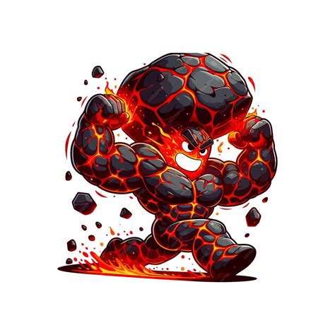 A Rock With A Flame Cartoon Strongman Entirely Made From Redhot Lava