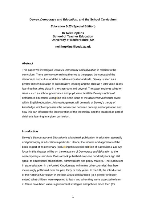 (PDF) Dewey, Democracy and Education , and the school curriculum