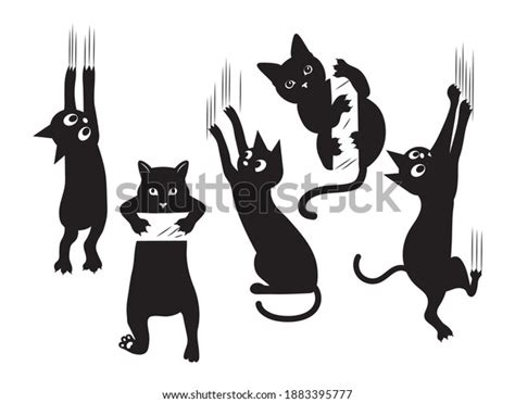 Set Black Cats Scratching Wall Collection Stock Vector Royalty Free