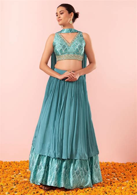 Buy Women Teal Blue Lehenga Set With Abstract Print Blouse And Dupatta