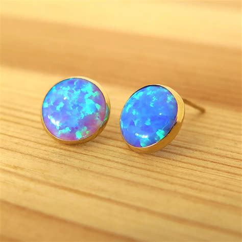 Blue Opal Earrings Real Gold Earrings Blue Opal Stud