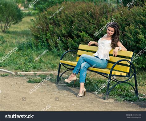 Beautiful Woman Sit On A Bench In Park Stock Photo 110492783 Shutterstock