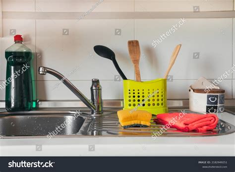 Set Kitchen Cleaning Equipment Utensils Domestic Stock Photo 2182949251