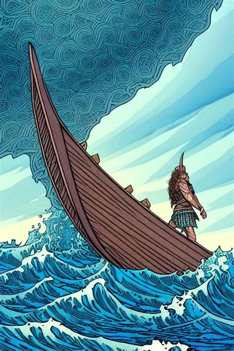 Comic Cover Art Of A Viking Longboat Waves Crashing Stable Diffusion