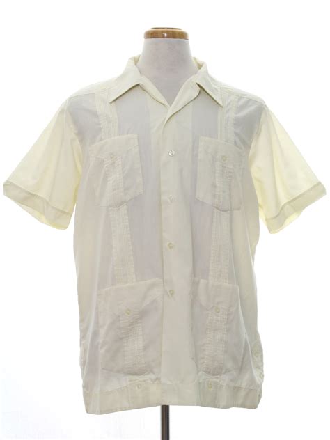 1970s Romani Guayabera Shirt 70s Romani Mens Ivory Polyester Cotton