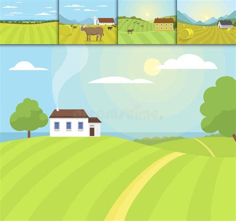 Village Landscapes Vector Illustration Farm House Agriculture Graphic