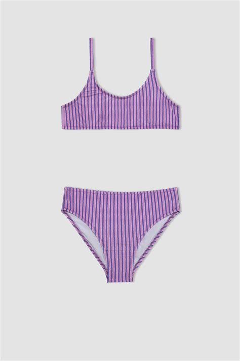 Mor Kız Çocuk Genç Kız Kız Çocuk Çizgili Bikini Takımı DeFacto