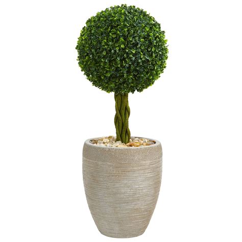 25 Boxwood Ball Topiary Artificial Tree In Sand Colored Planter Uv Resistant Indooroutdoor