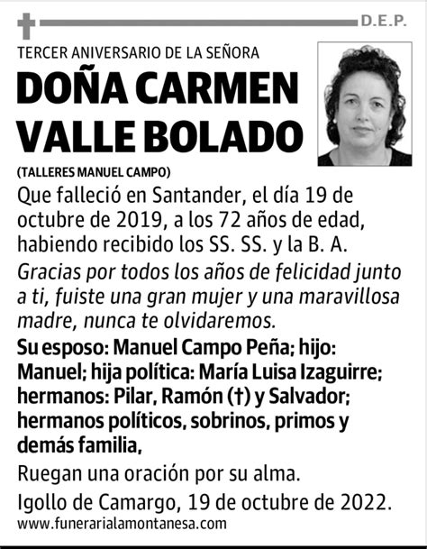 Do A Carmen Valle Bolado Esquela Necrol Gica El Diario Monta S