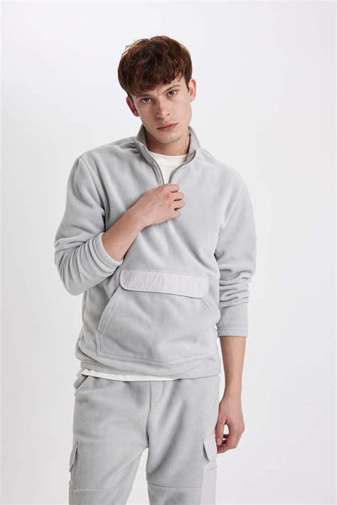 Gri Erkek Regular Fit Dik Yaka Polar Sweatshirt Defacto