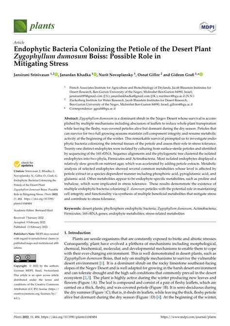 PDF Endophytic Bacteria Colonizing The Petiole Of The Desert Plant