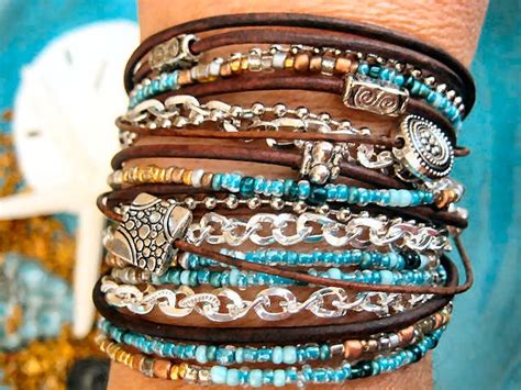 Boho Chic~turquoise Endless Leather Wrap Beaded Bracelet ~silver