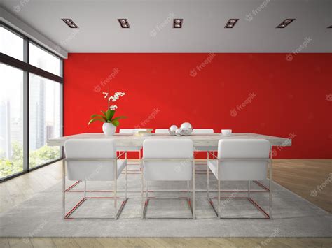 Premium Photo Interior Of Modern Dining Room With Red Wall 3d Rendering