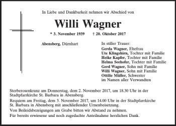 Traueranzeigen Von Willi Wagner Mittelbayerische Trauer