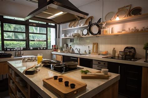 Kitchen With Sizzling Hot Plate And Professional Cooking Tools Is Ready For Action Stock