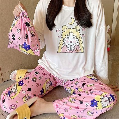 Kawaii Sailor Moon Pajama Set Cute Sleepwear Pajama Set Women Anime Pajamas Outfit