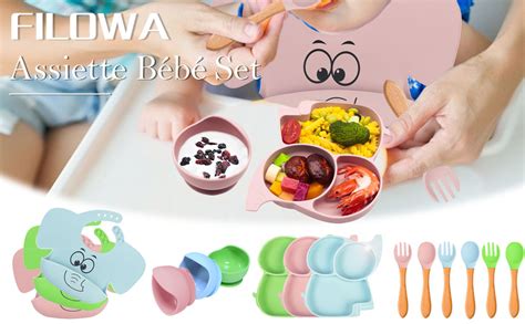 FILOWA Assiette pour Bébé Set de Table Silicone Lot de 5 Antiderapant