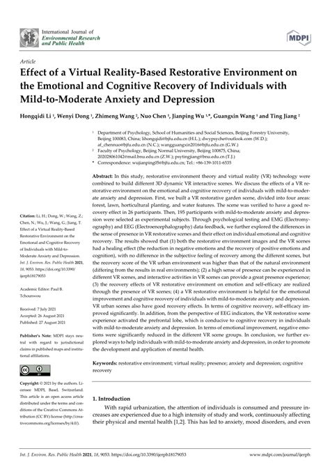 Pdf Effect Of A Virtual Reality Based Restorative Environment On The Emotional And Cognitive