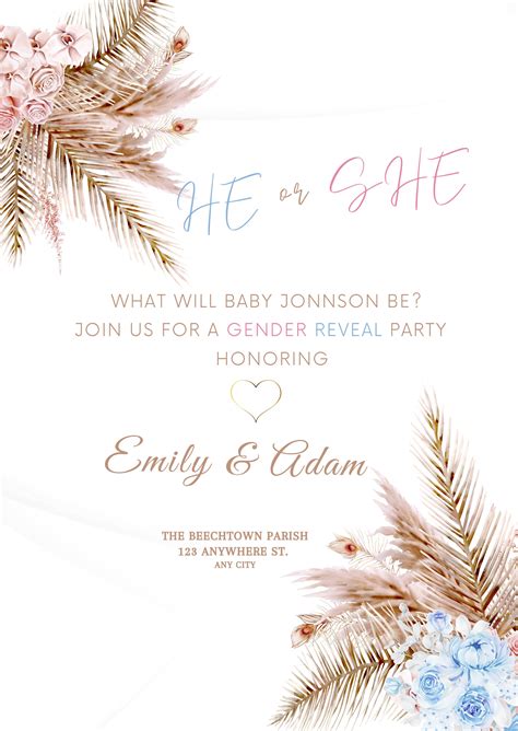 Editable Pampas Grass Gender Reveal Invitation Bohemian Gender Reveal
