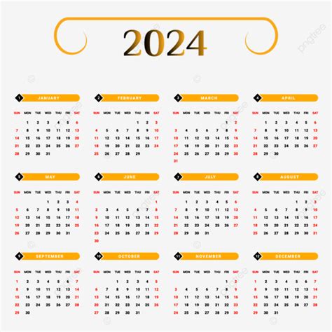 تقويم عام 2024 بتصميم هندسي فريد باللونين الأسود والأصفر تقويم تقويم
