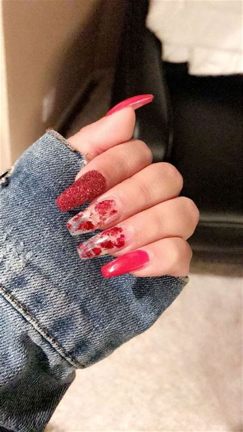 57 Coffin Matte Red Nails With Glitter Ricordilu