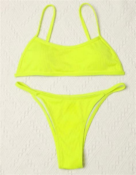 Neon Yellow Rib Thong Bikini Swimsuit Size Xs Property Room