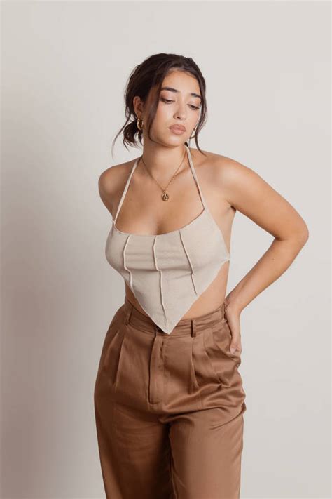 Oatmeal Crop Top Satin Scarf Top Shiny Nude Top