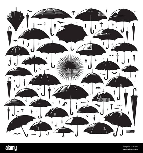 Black Silhouette Set Of Various Umbrellas Vector Illustration Stock