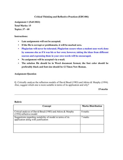 Fall 2023 Edu406 Critical Thinking And Reflective Practices Edu406 Assignment 1 Fall 2023