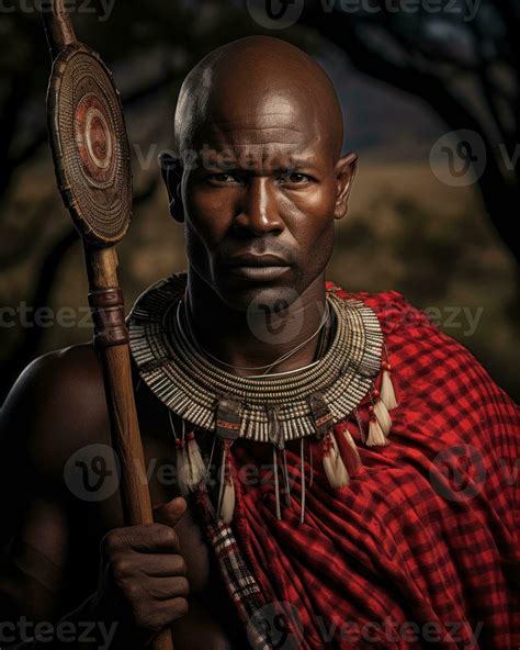 Maasai Warrior In Traditional Attire Standing Against A Backdrop Of