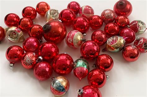 Vintage Red Glass Ornaments Mixed Lot Of 37 Red Silver Tone Christmas Tree Decor Shiny Brite Usa