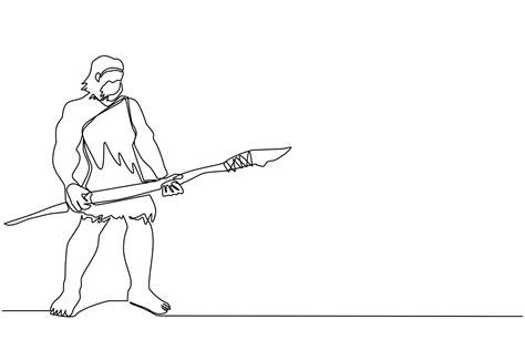 Continuous one line drawing caveman standing and holding big stone spear. Prehistoric bearded ...