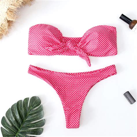 Girls Pink Chest Knotted Bikini Sexy Split Swimwear Brazilian Cute Polka Dot Thong Bikini Beach