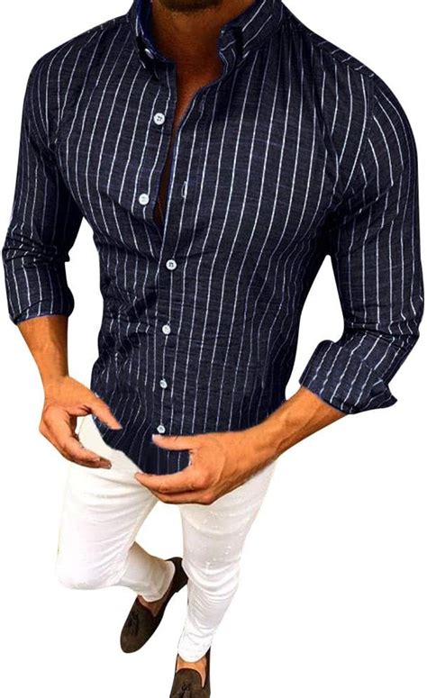 Hellosay Camisa Formal De Manga Larga Con Botones A Rayas Para Hombre